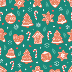 Christmas seamless pattern with ginger cookies, candy cane, snowflakes. Vector illustration in flat style