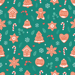 Christmas seamless pattern with ginger cookies, candy cane, snowflakes. Vector illustration in flat style