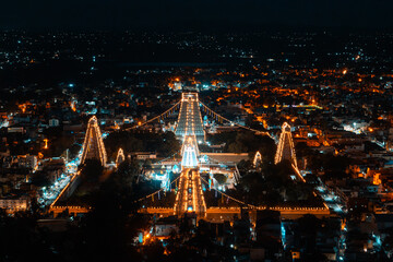 Arunachalesvara Temple in Tiruvannamalai city, Tamil Nadu, India, night top view photography