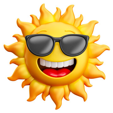 Smiling sun with sunglass on transparent background in 3d render cartoon