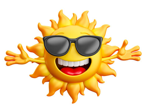 Smiling sun with open and sunglass arms on transparent background in 3d render cartoon