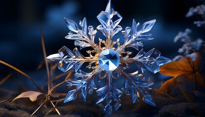 Blue crystal snowflake on a background of autumn leaves. Winter background