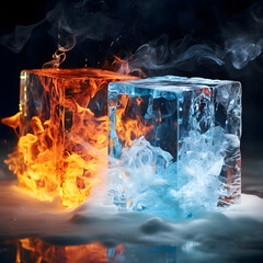A frozen ice cube and an ice cube on fire. A fire and ice concept. - obrazy, fototapety, plakaty