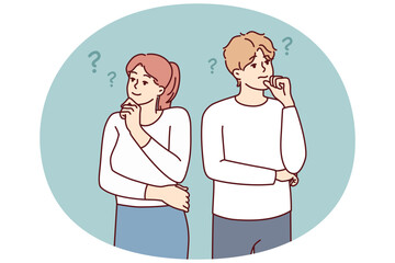 Man and woman look in different directions and scratch their chins thinking about anniversary gift. Guy and girl dream together or come up with idea to brainstorm together. Flat vector image