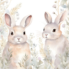 Fototapeta premium Painting of two rabbits with flowers 