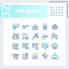 Pixel perfect simple blue thin line icons set representing weapons, editable linear illustration.