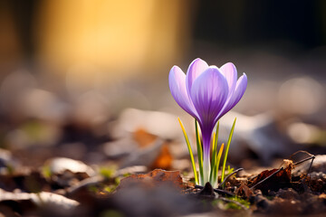 Beautiful Purple crocus spring flower on blurry background blooming during early spring with copy...