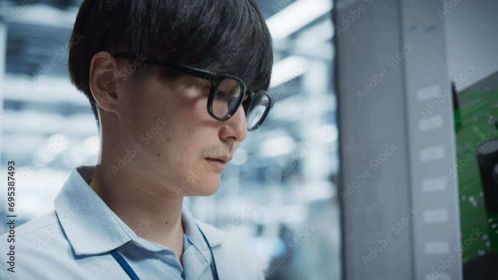 Aufkleber close up of asian male engineer using tablet in front of tv with printed circuit board blueprint. sm