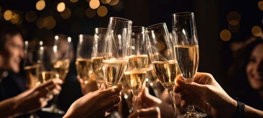 Closeup of hand holding glass of champagne or sparkling wine - people cheering, cheers, spending a moment together with friends, party, nightclub, new years eve, restaurant, cheering, luxury - obrazy, fototapety, plakaty