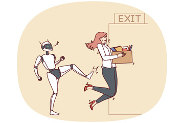 Robot kick female employee out of office job. Concept of artificial intelligence and androids at workplace. New era of robotic assistants. Vector illustration.