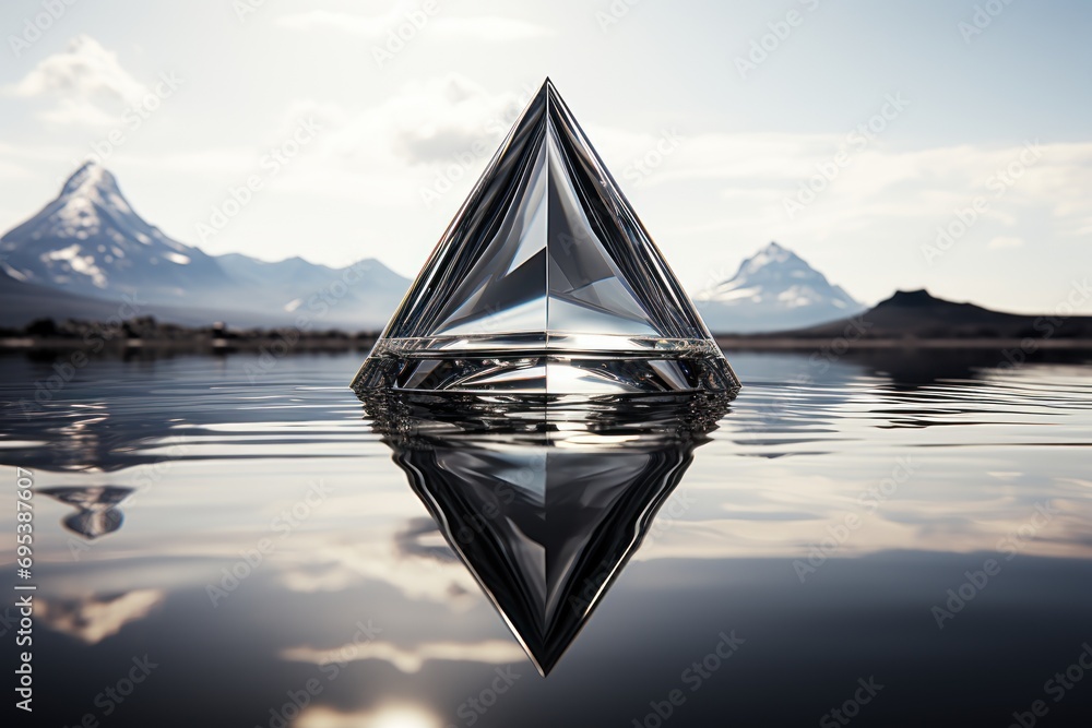 Poster a pyramid shaped object floating on top of a body of water with mountains in the background and a su