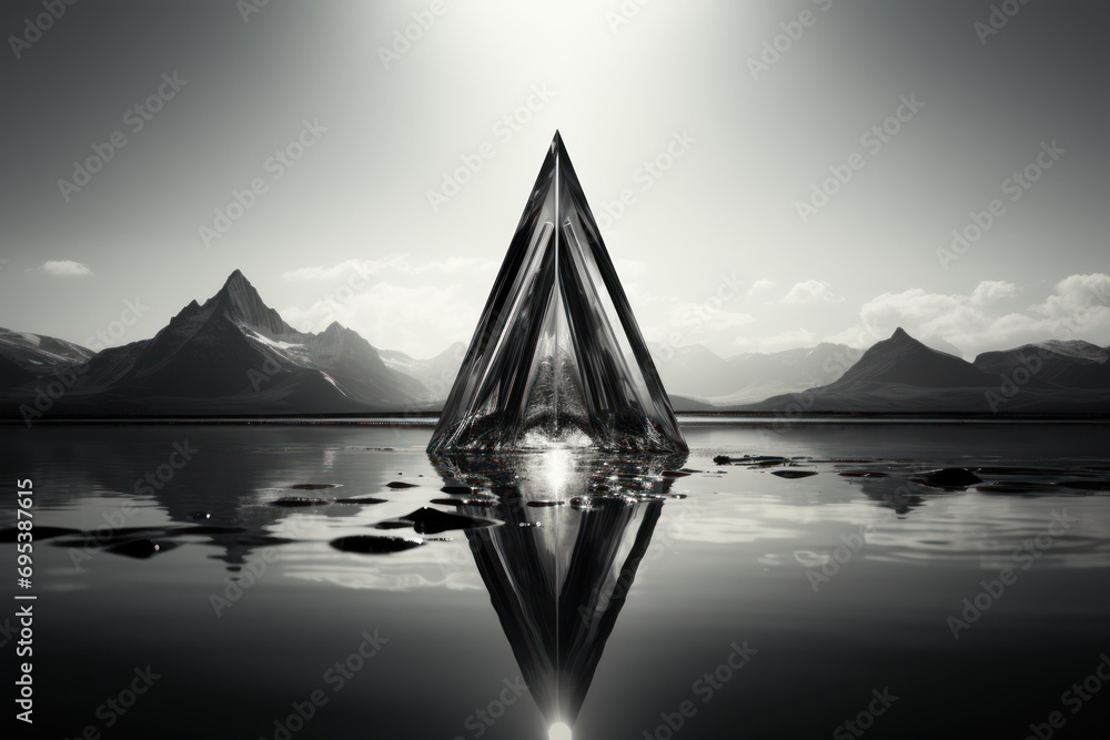 Poster a black and white photo of a triangle shaped object in the middle of a lake with mountains in the ba