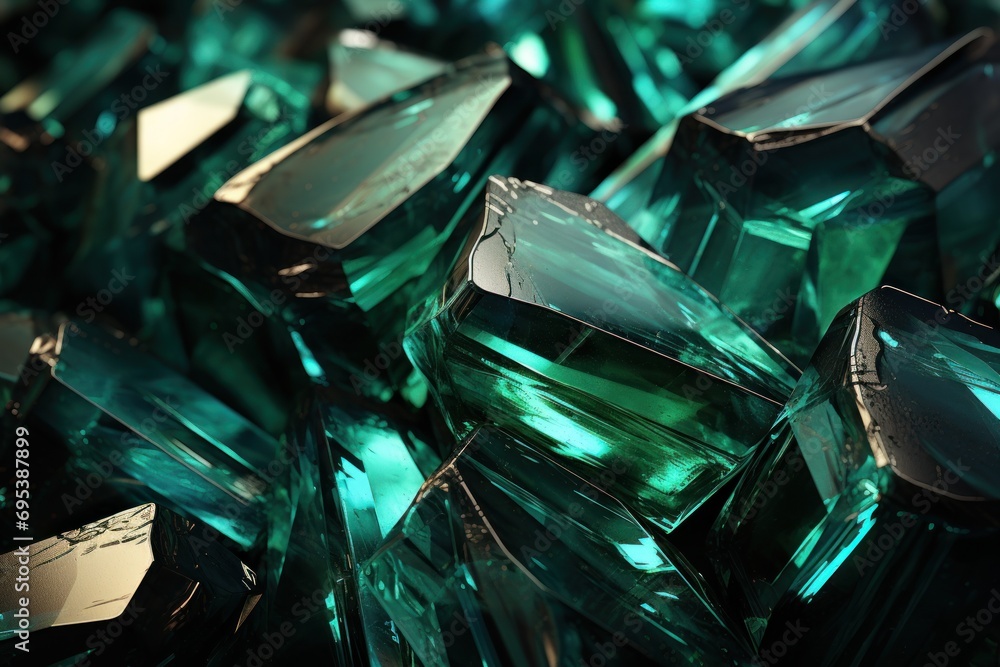 Poster a close up view of a bunch of green glass cubes of different shapes and sizes, all of which have bee