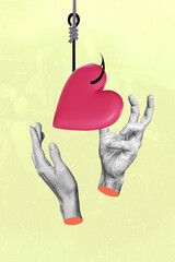 Collage 3d image of pinup pop retro sketch of fishing heart hook valentine day love dating concept magazine surrealism metaphor psychedelic