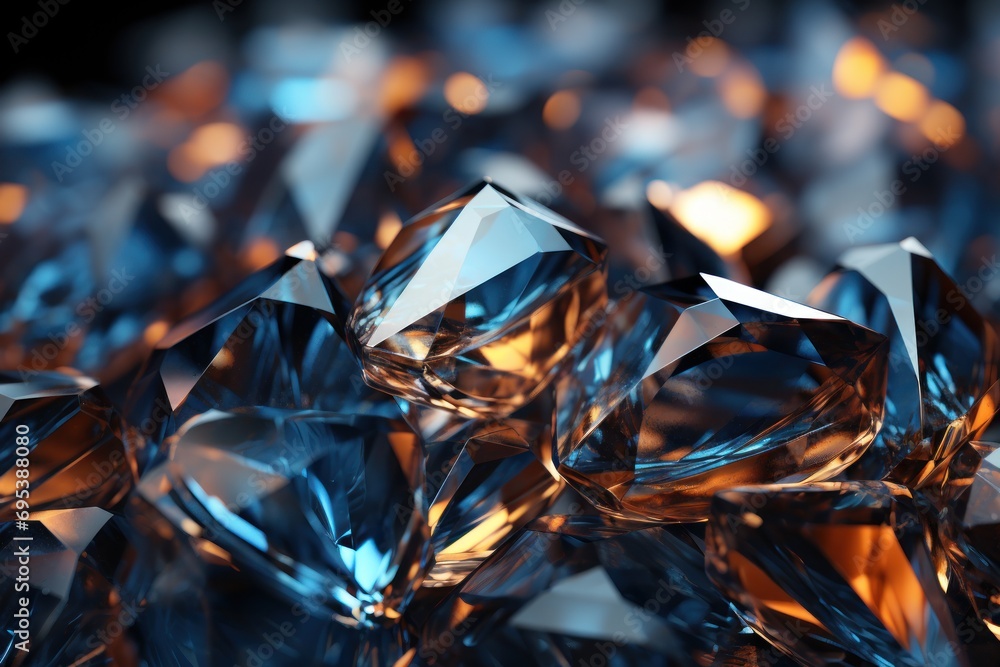 Poster a pile of shiny blue diamonds on a black background with a blurry light coming from the top of the i