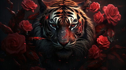Tiger and roses. Digital art