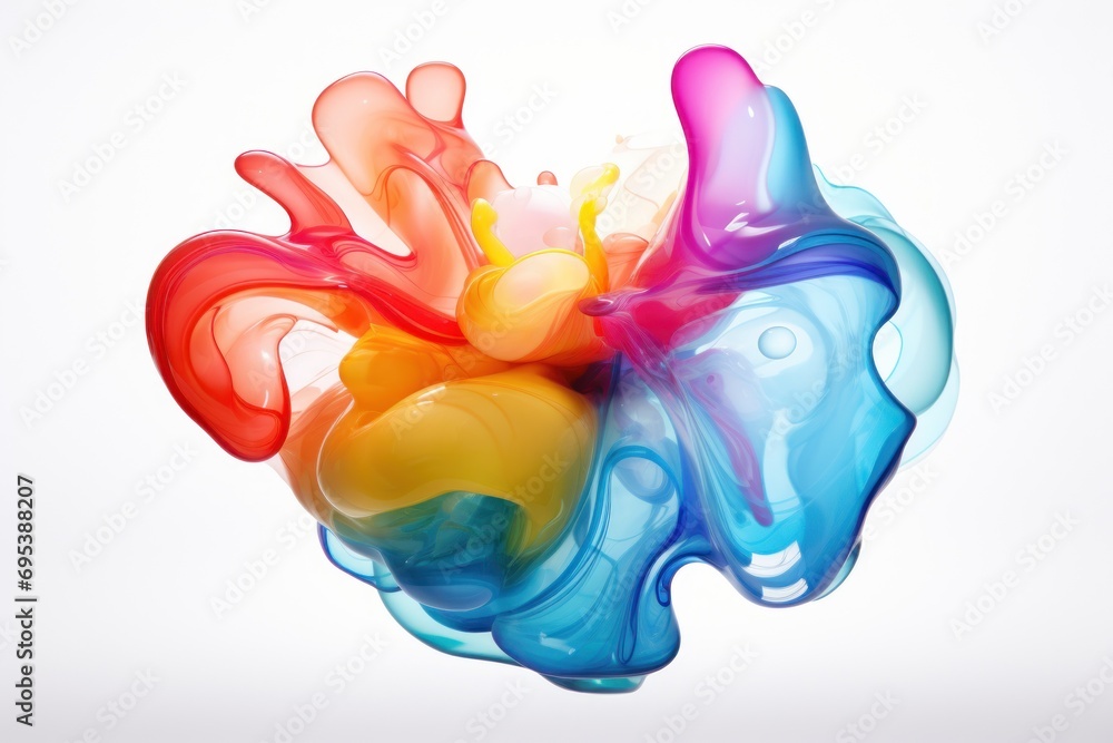 Poster a multicolored object floating in the air on a white background with a reflection of the liquid in t