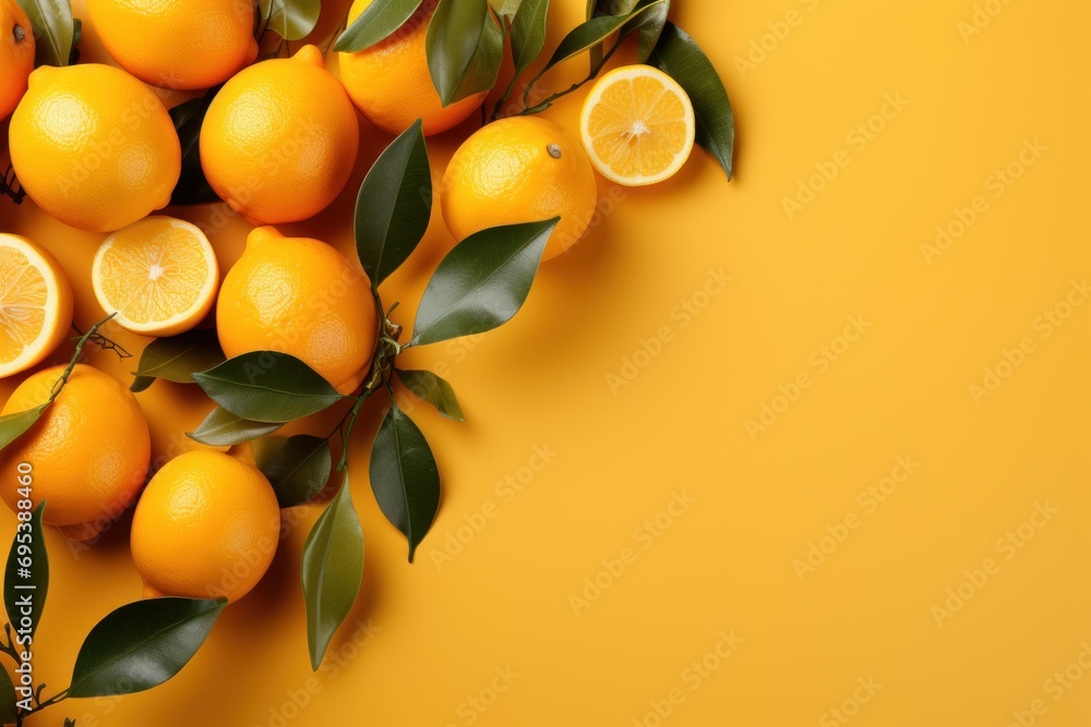Aufkleber a bunch of oranges with green leaves on a yellow background with a place for a text or an image with