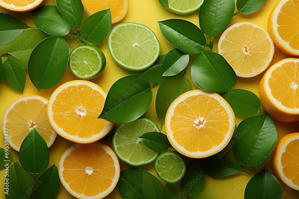 Poster a group of oranges and limes with leaves on a yellow background with green leaves on the top and bot