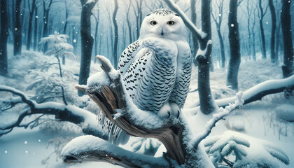 Snowy owl perched on tree branch,winter