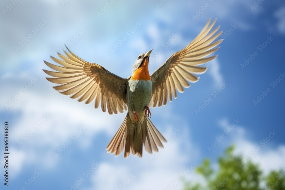 Poster a bird that is flying in the air with its wings wide open and it's head turned to the side with it's