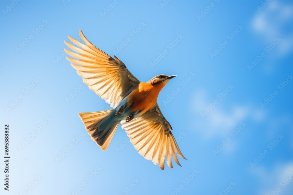 Poster a bird flying in the air with its wings spread out and it's head turned to look like a bird with its