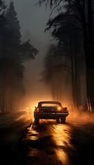 Fototapeta na wymiar Car on the road in the forest at night with fog and fire