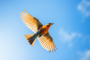  a bird flying in the air with its wings spread out and it's head turned to look like a bird with its wings spread out, with a blue sky in the background.