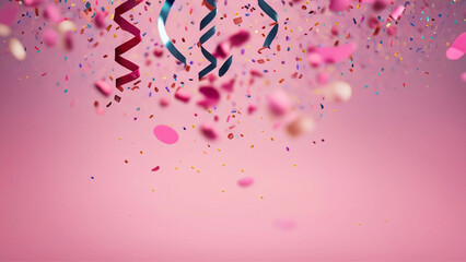 Fundo cor-de-rosa com confete e serpentina caindo. Fundo carnavalesco. Conceito de carnaval. - obrazy, fototapety, plakaty