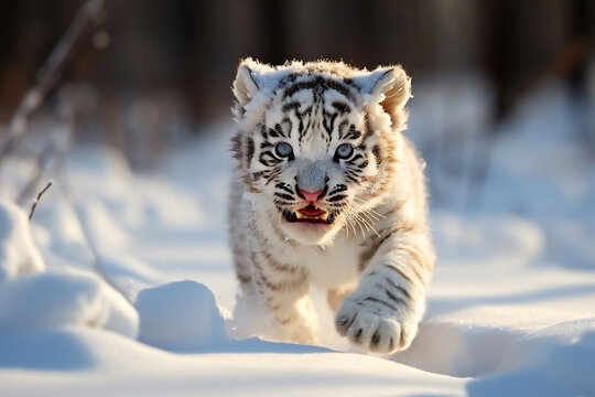 Cute baby white tiger on snow,ai generated
