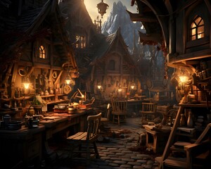 Fototapeta na wymiar A 3D rendering of a fairy tale scene in a wooden house