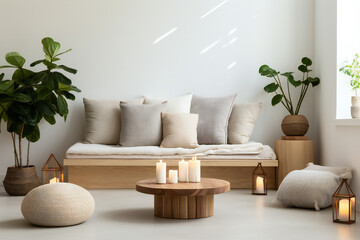 A minimalist space for meditation with candles, green flowers and soft pillows,ai generated