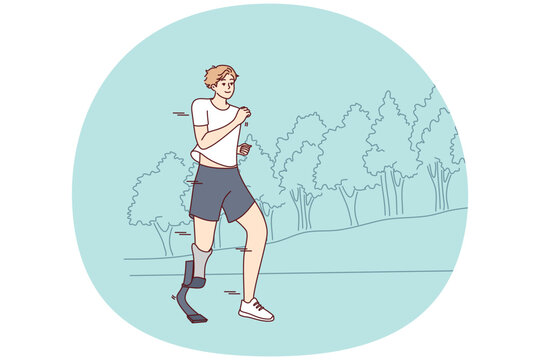 Smiling young man with prosthetic leg running in park. Happy disabled male with prosthesis jogging training outdoors. Disability and normal life. Vector illustration.