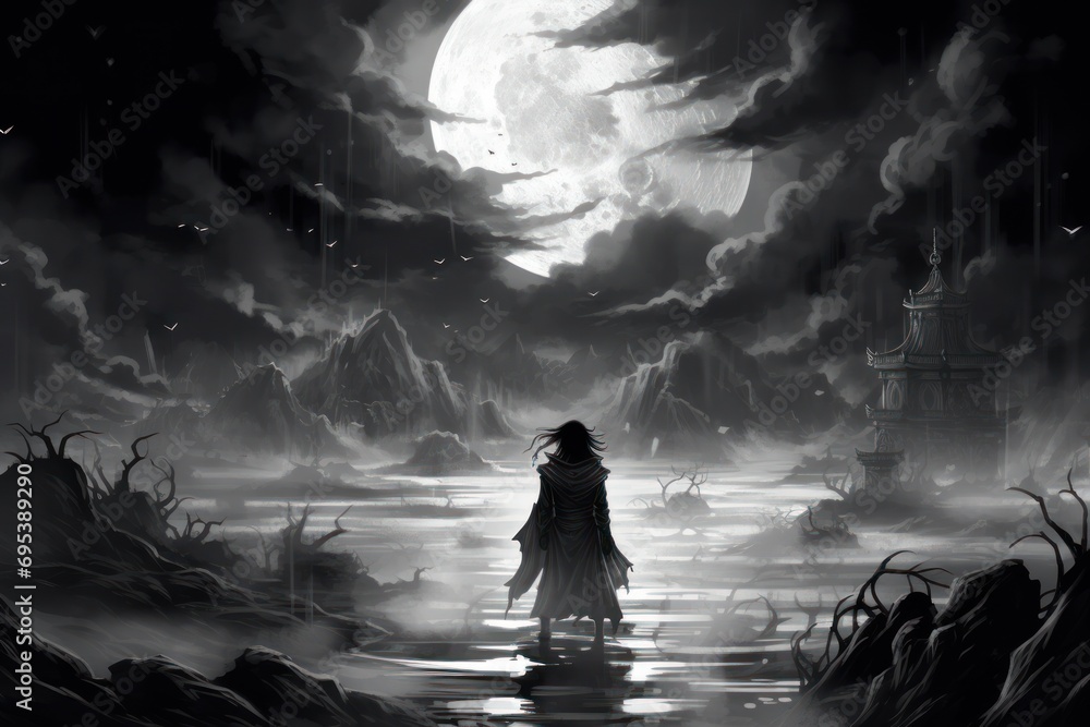 Poster a black and white image of a person standing in the middle of a body of water in front of a full moo
