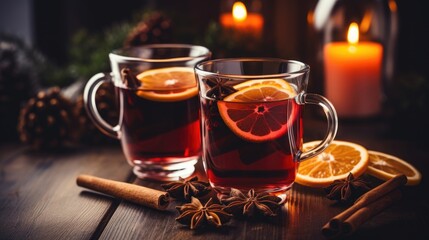 Festive Mulled Wine picture with spices and citrus slices in a mug of warming gluhwein.