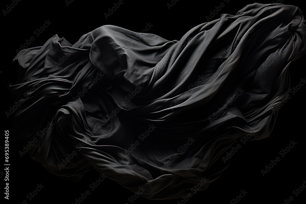 Poster a black and white photo of a cloth blowing in the wind on a black background with room for text or a