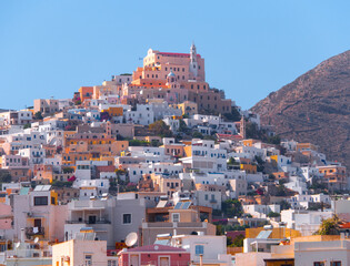 Panoramic View from the sea to the Ermoupolis city of Syros island in Greece