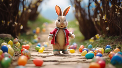 Easter Bunny hopping along a path leaving a trail of jelly beans and glittering eggs - obrazy, fototapety, plakaty