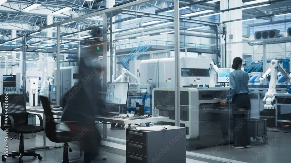 Fototapete Timelapse of Automated Electronics Factory With Robotic Arms: Diverse Engineers, Assembly Line Workers, And Managers Working On Production Line Of Circuit Boards For Modern High-Tech Devices.