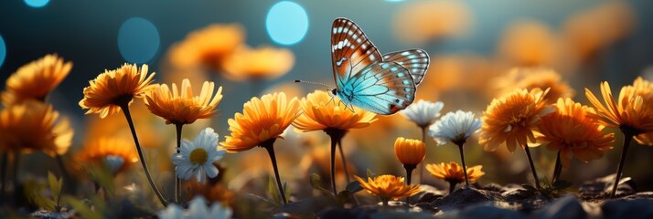 Summer Natural Landscape Buterfly Flowers , Banner Image For Website, Background, Desktop Wallpaper