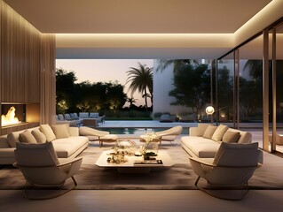 Luxury hotel room with swimming pool and palm trees. 3d rendering