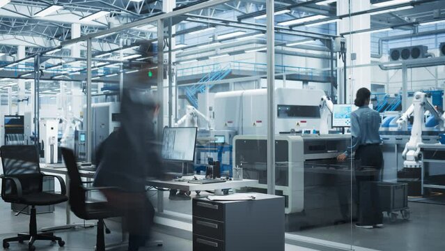Timelapse of Automated Electronics Factory With Robotic Arms: Diverse Engineers, Assembly Line Workers, And Managers Working On Production Line Of Circuit Boards For Modern High-Tech Devices.