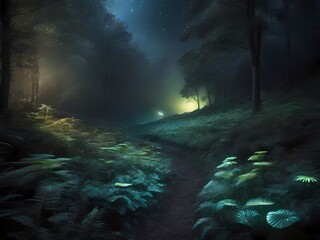Fairytale magic woodland with mushrooms, grass, glowing light. Fantasy beautiful landscape with magic portal in mystic neon forest. Mysterious landscape with fantastic plants glowing in night darkness