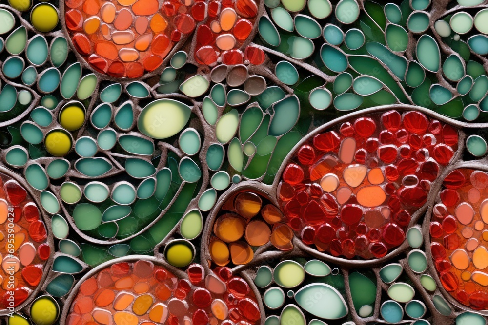 Poster a close up of a pattern made of many different colors of circles and circles on the surface of a pie