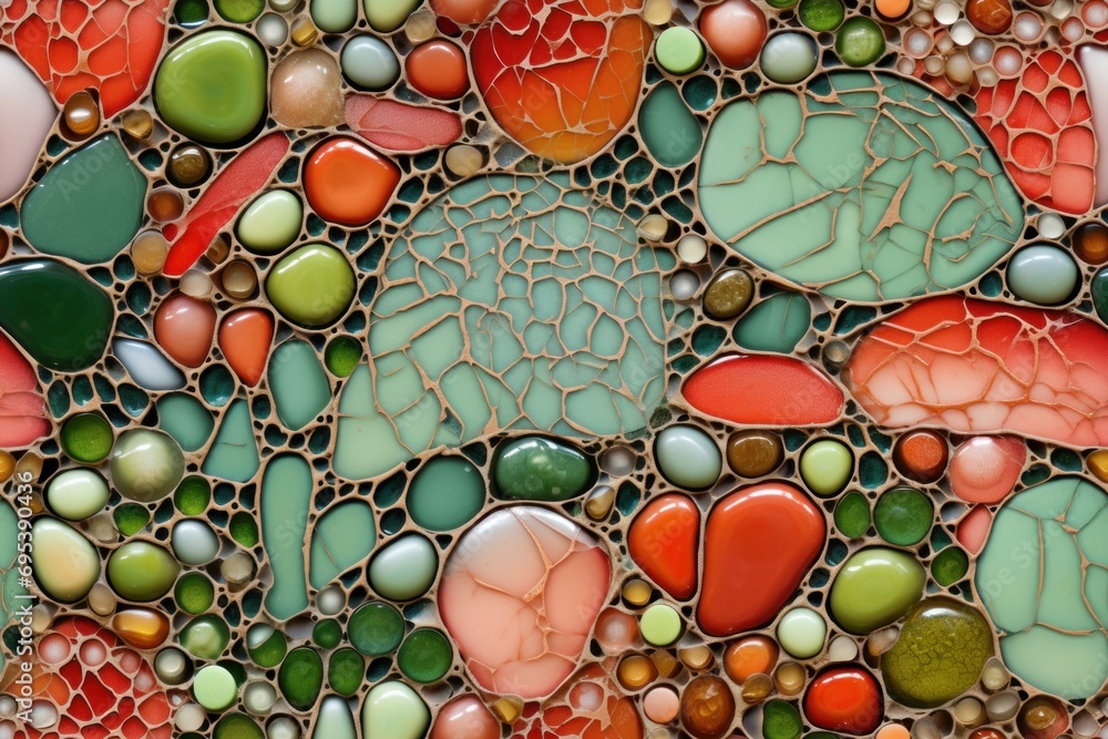 Poster a close up of a wall made up of many different colors of glass pebbles and pebbles in different shap