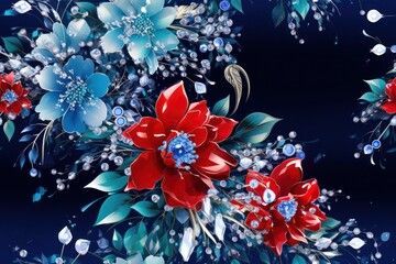  a blue and red floral wallpaper with flowers and leaves on a dark blue background with white and red flowers and leaves on a dark blue background with water droplets.