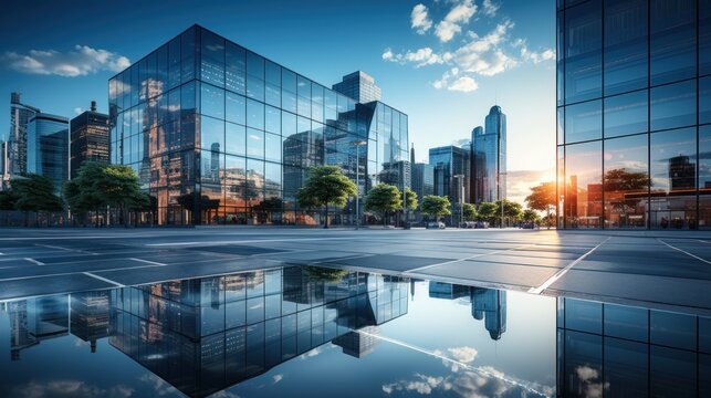 Fototapeta  a city with a lot of tall buildings and a reflecting pool of water in the middle of the street in front of it is a blue sky with white clouds.