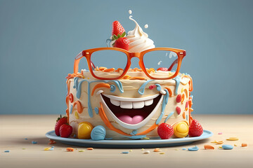 Funny colorful funny birthday cake with glasses. 3D cute characters celebrating birthday. Generative AI.