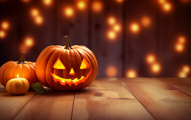Happy Halloween holiday, Wooden table with carved glowing pumpkin and blurred background with bokeh lights.
