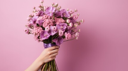 A bouquet of spring flowers close-up in the hand on a pink background. A nice gift for a holiday. Spring mood